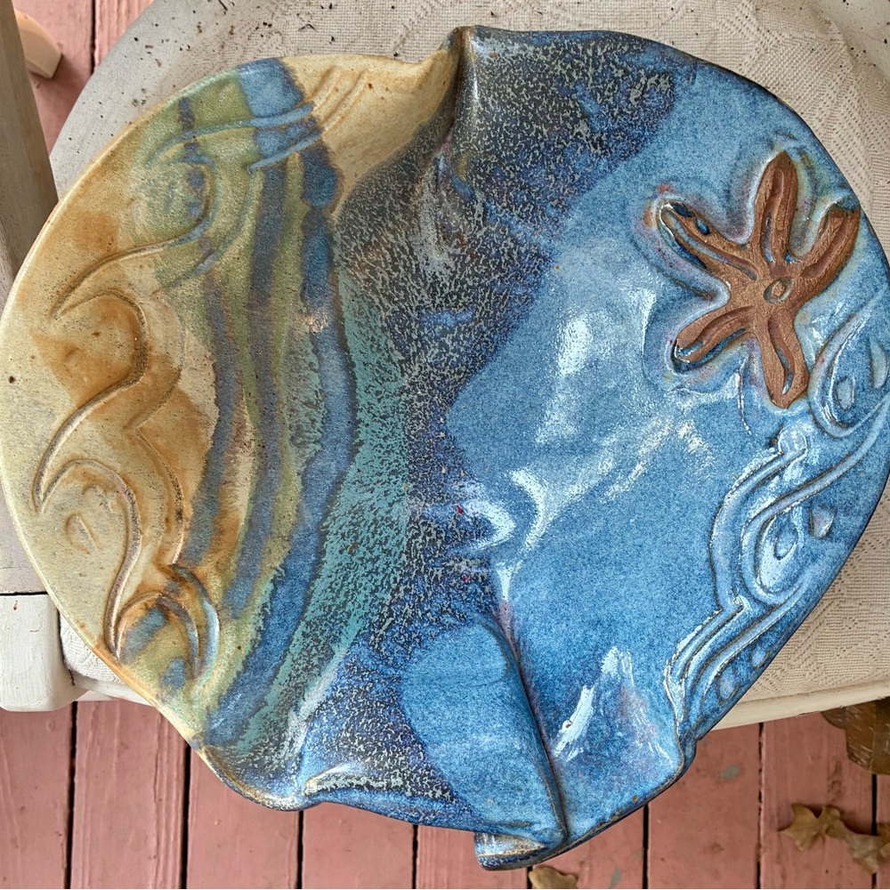 Oceanic Waves and Starf Ceramic Art Studio Pottery Bowl Artist Signed